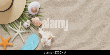 Background with seashells and various summer accessories on clean sand of the beach. 3d rendering Stock Photo
