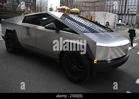 A Tesla Cybertruck Drives In Hudson Yards On April 08, 2024 In New York 