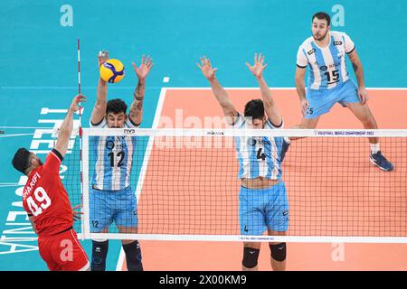 Bruno Lima, Joaquin Gallego (Argentina), Morteza Sharifi (Iran). Volleyball World Championship 2022. Stock Photo