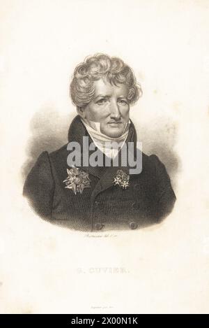Baron Georges Cuvier, French naturalist, paleontologist and zoologist (1769-1832). Stipple copperplate engraving after a portrait by Pierre Francois Bertonnier from Guérin-Méneville’s Iconographie du règne animal de George Cuvier, Iconography of the Animal Kingdom by George Cuvier, J. B. Bailliere, Paris, 1829-1844. Stock Photo