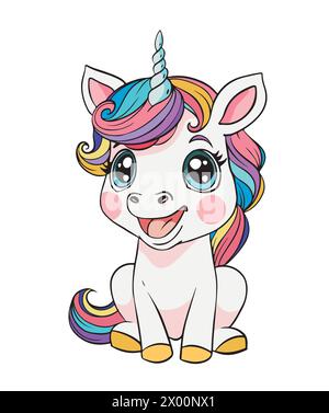 Cute sitting smiling baby unicorn with colorful mane and tail, fantasy pony character, magical animal for stickers, prints. Magic children's cartoon v Stock Vector