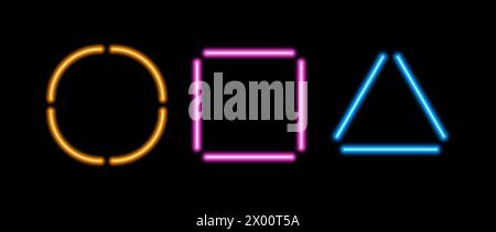 Neon tube geometric shapes set. Glowing circle, square and rectangle frame collection. Luminous orange, pink, blue light lamp border bundle. Colorful led fluorescent segments pack. Vector illustration Stock Vector