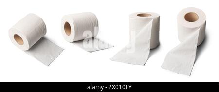 toilet paper rolls in different angles, single ply soft personal hygiene sanitation tissue for bathroom toilet or lavatory, mock-up template Stock Photo