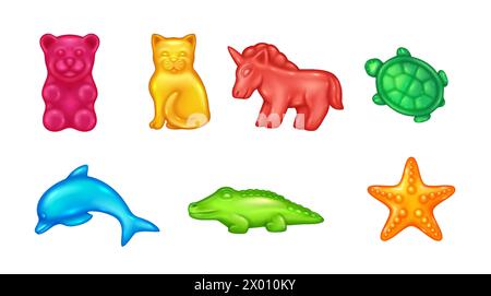 Funny animals jelly sweets 3d realistic vector illustration set. Gummy candies for kids creative design. Natural desserts on transparent background Stock Vector