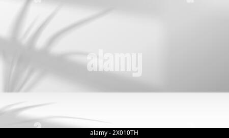Palm leaves casting shadows on studio wall realistic vector illustration. Product advertising empty space 3d backdrop black and white Stock Vector