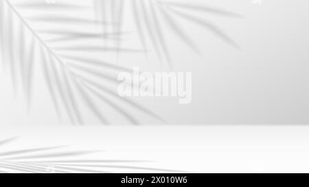 Palm leaves casting shadows on studio wall realistic vector illustration. Product advertising empty space 3d backdrop black and white Stock Vector