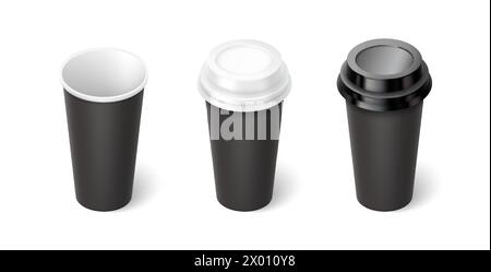 Black mockup cups 3d realistic vector illustration set. Hot drinks containers design template. Take away coffee on white background Stock Vector