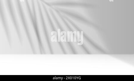 Palm leaves casting shadows on studio wall realistic vector illustration. Product advertising empty space 3d backdrop black and white Stock Vector