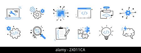 Software code icon doodle set. Hand drawn line sketch software coding doodle. Computer program build technology, data operate, application product test icon. Program build vector illustration Stock Vector