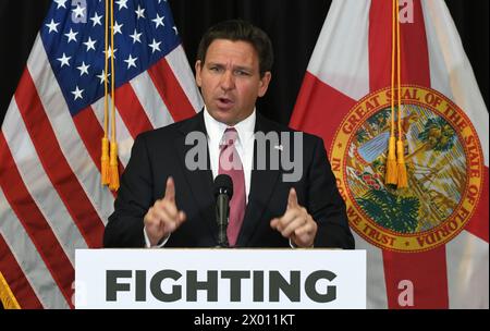 Sanford, United States. 08th Apr, 2024. Florida Gov. Ron DeSantis speaks at a press conference in Sanford, Florida where he signed legislation to increase penalties on individuals who expose law enforcement officers to fentanyl, and to bring awareness to life-saving measures for someone experiencing an opioid overdose. Credit: SOPA Images Limited/Alamy Live News Stock Photo