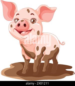 Cheerful cartoon piglet standing in muddy puddle Stock Vector