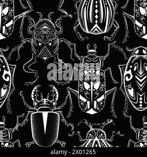 Seamless pattern with mystic decorated bugs against black background. Stock Vector