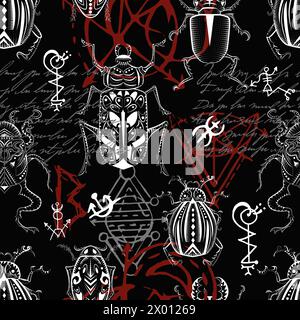 Seamless pattern with mystic decorated bugs and esoteric gothic symbols against black background. No foreign language, all signs are fantasy ones. Stock Vector