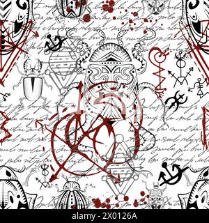 Seamless pattern with mystic decorated bugs and esoteric gothic symbols against white background. No foreign language, all signs are fantasy ones. Stock Vector