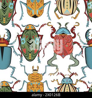 Seamless pattern with colorful mystic decorated bugs against white background, fantasy concept. Stock Vector