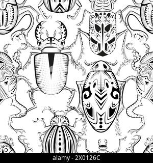 Seamless pattern with mystic decorated bugs against white background. Stock Vector