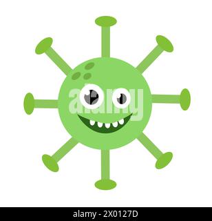 Cute cartoon character virus. Microbiology organism green color and funny face. Mascots expressing emotion. Vector children illustration in flat Stock Vector