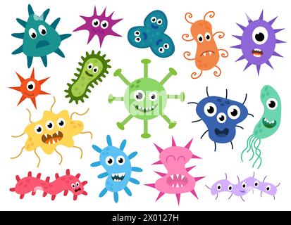 Cute cartoon characters virus, bacteria, microbe, germs set. Microbiology organism of different shapes. Mascots expressing emotions Stock Vector