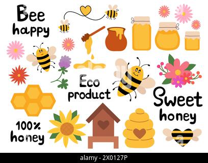 Honey flat Set elements, beekeeping industry. Jars and Pot, dipper spoon. Honeycombs, Hive. Funny bee. Flowers, Sunflower. And Lettering. Organic Eco Stock Vector