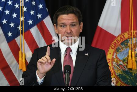 Sanford, United States. 08th Apr, 2024. Florida Gov. Ron DeSantis speaks at a press conference in Sanford, Florida where he signed legislation to increase penalties on individuals who expose law enforcement officers to fentanyl, and to bring awareness to life-saving measures for someone experiencing an opioid overdose. (Photo by Paul Hennessy/SOPA Images/Sipa USA) Credit: Sipa USA/Alamy Live News Stock Photo