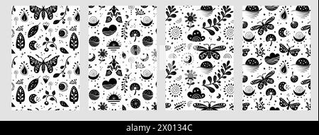 Seamless neo folk pattern with butterfly, moth and flowers, black and white floral design. Set Neo folk style endless backgrounds perfect for textile Stock Vector