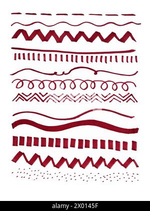 Various brown graphic lines on a white background. Dash, waves, straight lines, zigzags, dots, squiggles, vertical stripes and dashes. Marker drawing. Stock Photo
