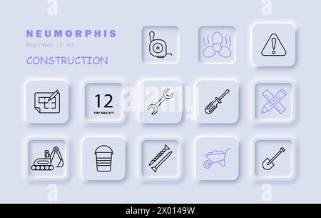 Construction set icon Equipment, numbering, fan, heavy equipment, shovel, nails, pencil, ruler, warning sign, screwdriver wrench Construction equipmen Stock Vector