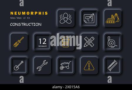 Construction set icon Equipment, numbering, fan, heavy equipment, shovel, nails, pencil, ruler, warning sign, screwdriver wrench Construction equipmen Stock Vector