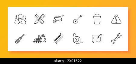 Construction set icon Equipment, numbering, fan, heavy equipment, shovel, nails, pencil, ruler, warning sign, screwdriver wrench Construction equipmen Stock Vector