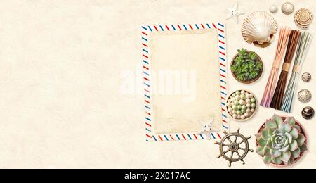 Travel background with retro postcard, ceramic bead, starfish, succulent, flavour sticks, shell. Ecology, environmental conservation and zero waste co Stock Photo