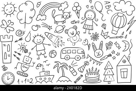 Children drawings set. Kid doodle elements. Boy, girl and robot. Sun in clouds, summer flowers, painted house and castle, cute cat and teddy bear Stock Vector