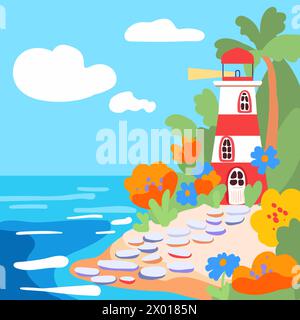 Scene by the sea with a lighthouse, flowers and a stone path to the waves. Ocean shore with blue water. Childrens cartoon illustration for print, poster or books. Flat vector Stock Vector