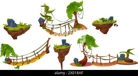 Game level map ui design asset kit - floating ground platform with green grass and stones, suspension old bridge with rope and palm trees. Cartoon vec Stock Vector
