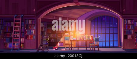 Old library interior at night. Vector cartoon illustration of dark room with vintage bookcases, many books on shelves, desk and floor, lamp light illu Stock Vector