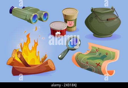 Camp equipment icon and summer adventure hike cartoon set. Campfire element with survival map, tourism cooking food and magnifying glass collection. B Stock Vector