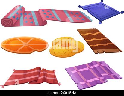 Color carpets set isolated on white background. Vector cartoon illustration of square, round, rectangular rugs with checkered, striped, orange pattern Stock Vector