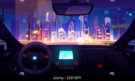 Futuristic cityscape view from inside car. Vector cartoon illustration of auto riding on highway towards modern night city with illuminated skyscraper Stock Vector