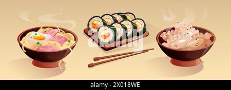 Korean traditional food collection for dinner in restaurant. Oriental meal in bowl and plate with chopsticks - noodle with egg and meat, hot gyoza and Stock Vector