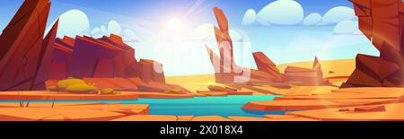 Lake water on desert africa landscape. Summer wild african or arab dry ground nature to travel. Red rock in heat western mexican environment scene. Pa Stock Vector