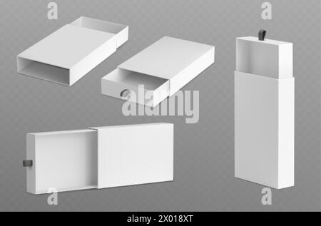 White empty open slide box with ribbon puller. Realistic vector illustration set of drawer shape cardboard package template for gift or presentation c Stock Vector