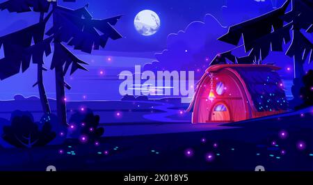 Fantasy little wooden house of gnome or fairy animal with light from windows and lantern over door at night. Cartoon dark magic landscape with cozy ti Stock Vector