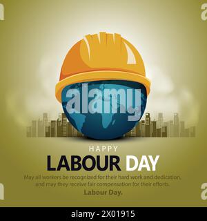 happy Labour day or international workers day vector illustration world map and safety cap. labor day and may day celebration design. Stock Vector