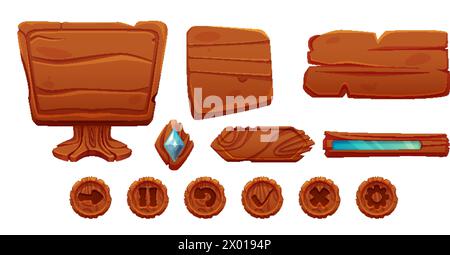 Wood ui cartoon board and button interface design. Wooden plank frame and signboard isolated. Brown app web kit of comic plate piece and round element Stock Vector