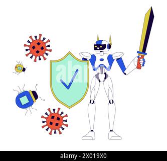 AI cyber defense 2D linear illustration concept Stock Vector