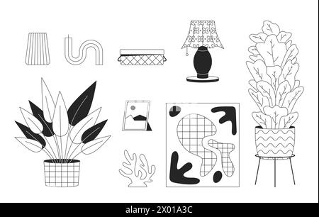 Domestic atmosphere essentials black and white 2D line cartoon objects set Stock Vector