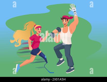 Athletes with bionic prosthetic arms and legs exercise in public park to speed up rehabilitation Stock Vector