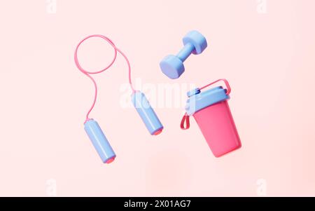 Cartoon rope skipping , dumbbell and cup in the pink background, 3d rendering. 3d illustration. Stock Photo