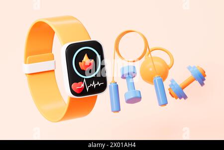 Cartoon fitness wristband, rope skipping and dumbbells in the yellow background, 3d rendering. 3d illustration. Stock Photo