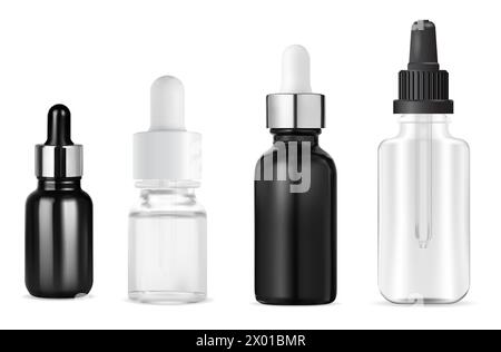 Liquid serum dropper bottle. Essential oil treatment container, vector mockup. Set of eyedropper flask for collagen beauty product, black and white de Stock Vector