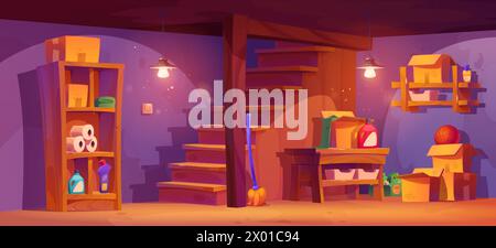 Basement room interior. House storage in cellar. Shelf on wall in storeroom at home. Indoor warehouse with furniture and lamp light. Table, cardboard boxes and wooden staircase in building storehouse Stock Vector